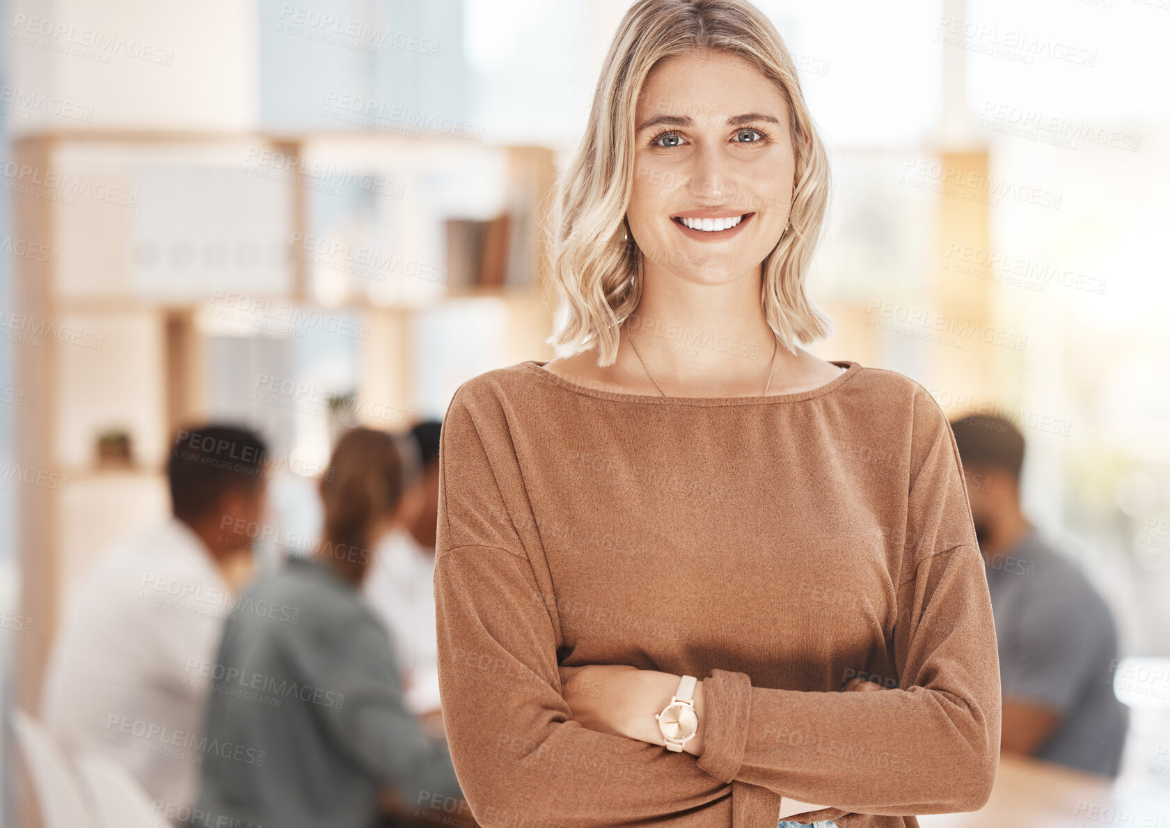 Buy stock photo Office, crossed arms and portrait of business woman with team for planning, discussion and collaboration. Creative startup, meeting and person with staff for project, career and company pride
