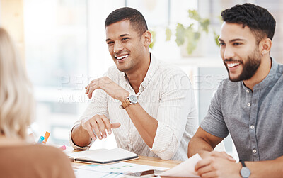 Buy stock photo Discussion, meeting and business people in office for teamwork, planning and conversation. Professional, creative agency and people with documents for project review, communication and collaboration