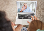 Love, family and laptop video call with senior man waving hello on digital internet screen. Online app webcam communication with happy and smiling grandfather talking with adult children.


