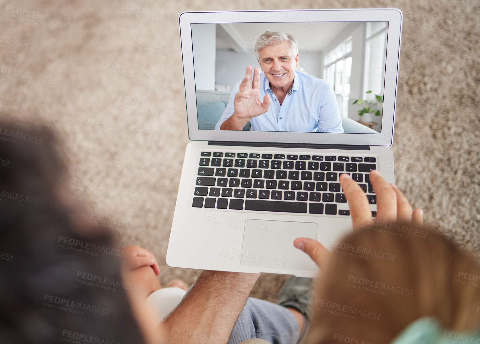 Buy stock photo Love, family and laptop video call with senior man waving hello on digital internet screen. Online app webcam communication with happy and smiling grandfather talking with adult children.

