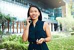 Phone call, woman and happy outdoor business 
conversation. Businesswoman in Indonesia walking, talking and deal outside office. Communication, 5g and networking, success for consultant girl on call.