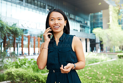 Buy stock photo Phone call, woman and happy outdoor business 
conversation. Businesswoman in Indonesia walking, talking and deal outside office. Communication, 5g and networking, success for consultant girl on call.