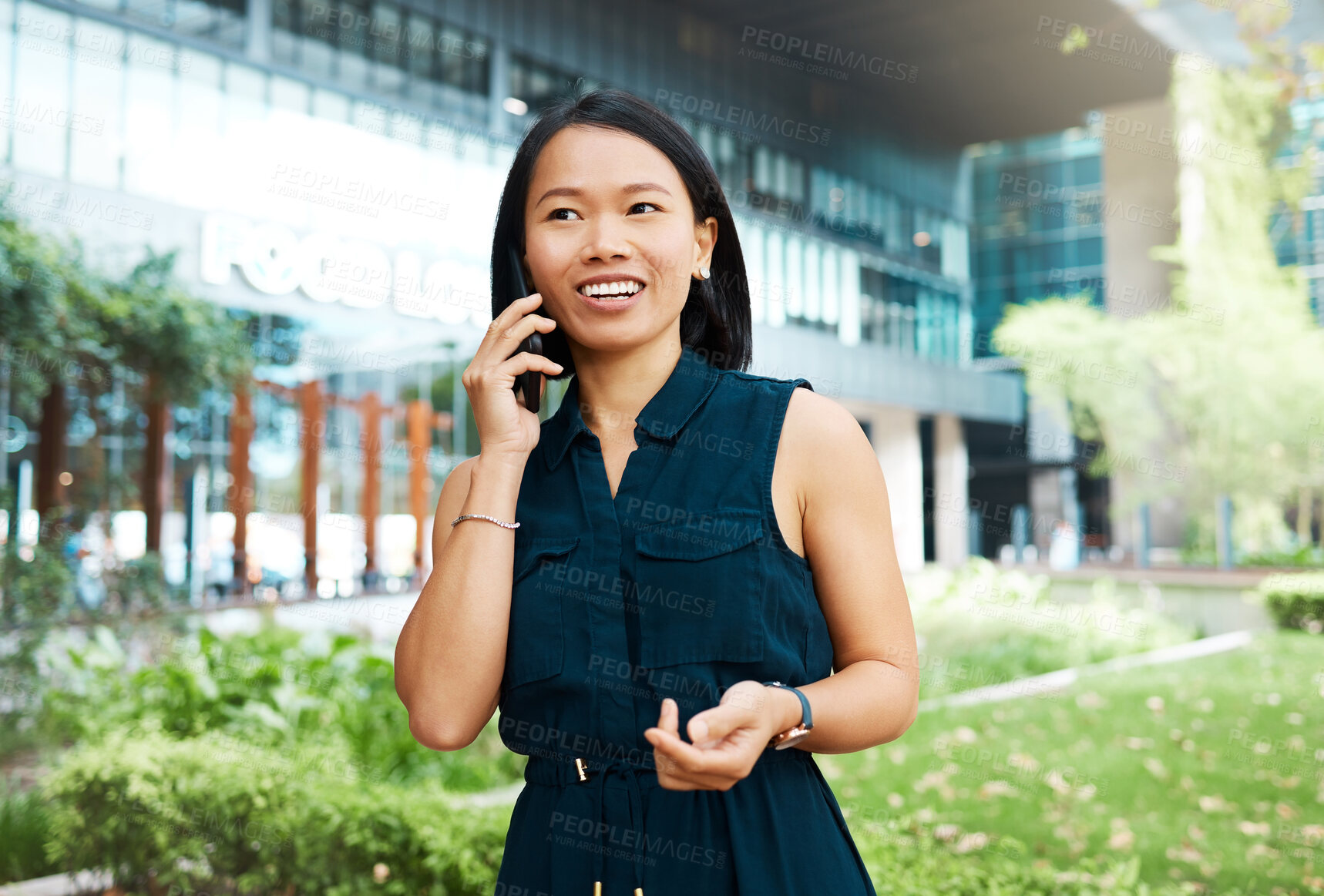 Buy stock photo Phone call, woman and happy outdoor business 
conversation. Businesswoman in Indonesia walking, talking and deal outside office. Communication, 5g and networking, success for consultant girl on call.