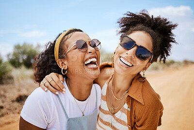 Buy stock photo Girl friends, hug and travel summer vacation outdoors on safari. Diverse happy gen z women friendship, love embrace and support or comic care free together on holiday fun lifestyle activity