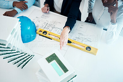 Buy stock photo Floor plan architecture and engineering meeting planning a creative office building or apartment building construction. Leadership, teamwork and designers hands working on a group development project