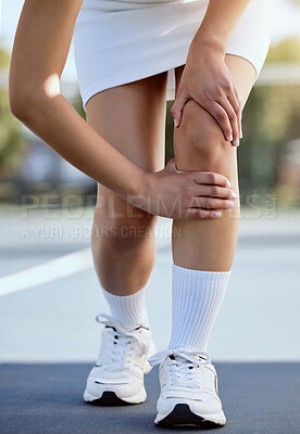 Buy stock photo Sports, tennis and woman with knee injury after practice, training or match. Fitness, badminton and female player suffering from sore leg, muscle pain or joint inflammation after exercise or workout.