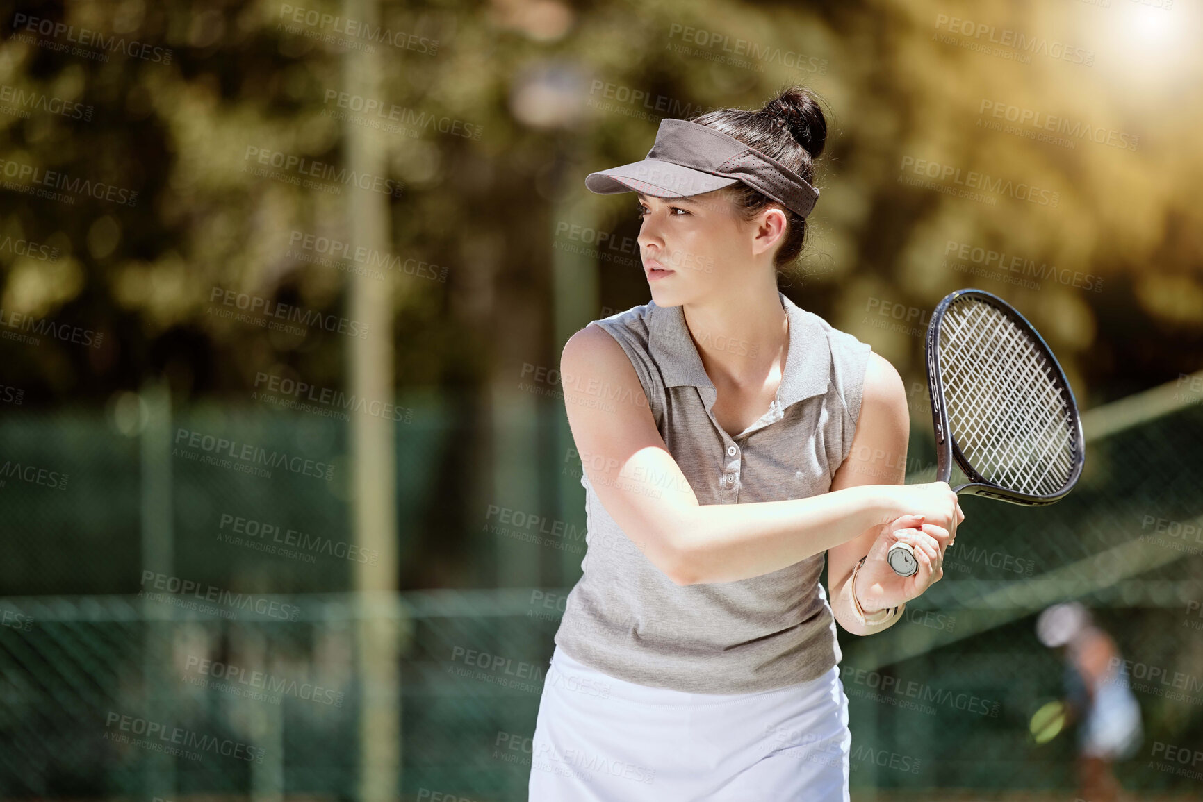 Buy stock photo Tennis, racket and woman playing a game on an outdoor court for fitness, competition or training. Sports, workout and healthy athlete practicing for match on outside field in Canada with mockup.