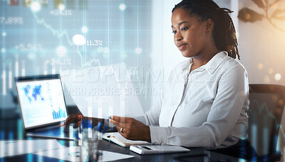 Buy stock photo Business, data and black woman in office with overlay, digital information for financial growth report. Technology, web and woman at desk with stock market documents and future online trade review.