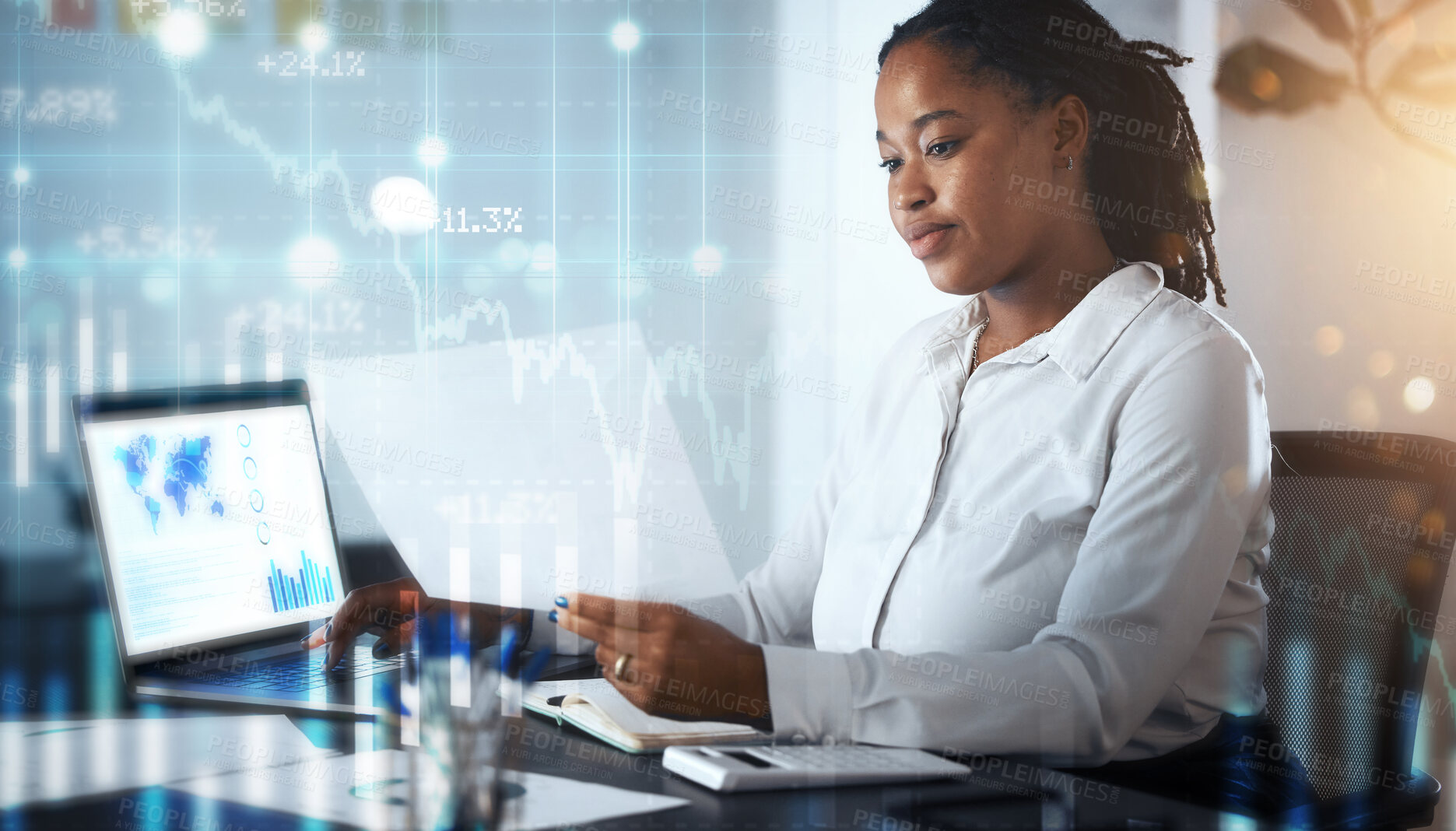 Buy stock photo Business, data and black woman in office with overlay, digital information for financial growth report. Technology, web and woman at desk with stock market documents and future online trade review.