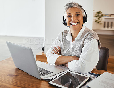 Buy stock photo Portrait, woman and remote work from home for call center, consulting and help. Headset, female agent smile and consultant with laptop, communication and telemarketing for startup company or business