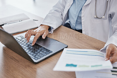 Buy stock photo Hands, doctor on laptop or woman reading online medical research data, email or healthcare medicine report. Science, documents or paper on tech for hospital schedule, surgery agenda or compliance
