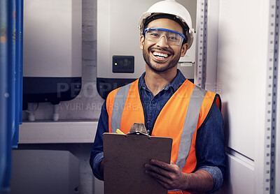 Buy stock photo Portrait of happy man, engineering and technician at control panel, inspection and maintenance planning on clipboard. Male electrician smile at electrical substation for power, system and checklist 