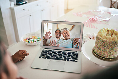 Buy stock photo Video call, laptop and family with birthday cake, wave hello and virtual celebration, party and happy child talk at home. Biracial grandparents or people celebrate on computer screen for online chat