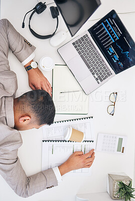 Buy stock photo Above, tired and a businessman with work burnout, investment or financial analysis stress. Desk, documents and an audit employee sleeping in an office with paperwork or finance data deadline