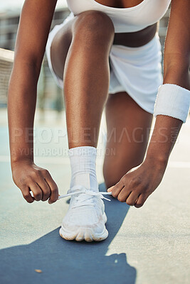 Buy stock photo Woman, shoes and tying laces on tennis court getting ready for sports match, game or outdoor practice. Closeup of female person tie shoe in preparation for fitness, exercise or training workout