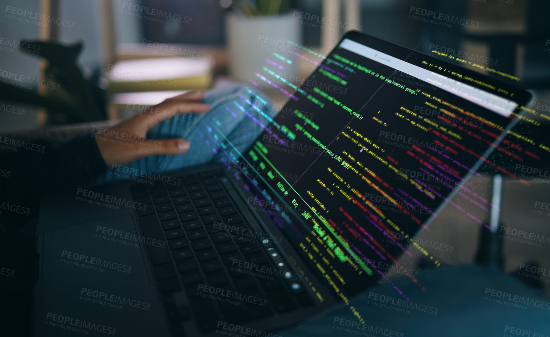 Buy stock photo Hands, code overlay and laptop screen with cybersecurity, hacker and software data analysis. Person, programmer and computer work with firewall system hacking and algorithm writing for malware 