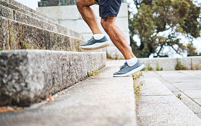 Buy stock photo Man, legs and running on steps in fitness for workout, training or outdoor cardio exercise. Closeup of male person, shoes or hiking on stairs for sports, health or wellness in an urban town or city