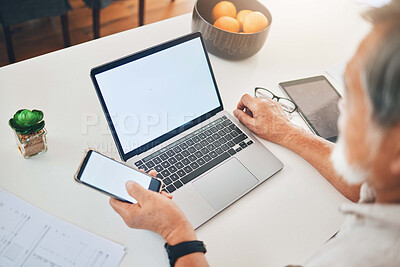 Buy stock photo Senior man, phone screen and laptop for budget, financial planning and asset management with online banking at home. Elderly person on computer mockup and mobile app for bills payment or investment