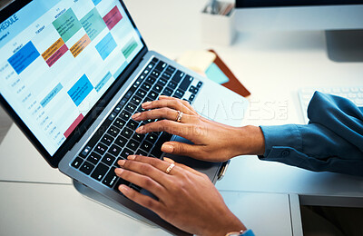 Buy stock photo Hands of woman on laptop, typing spreadsheet or schedule, agenda and reminder in office administration. Online calendar, diary and chart, girl at desk planning software for time management at startup