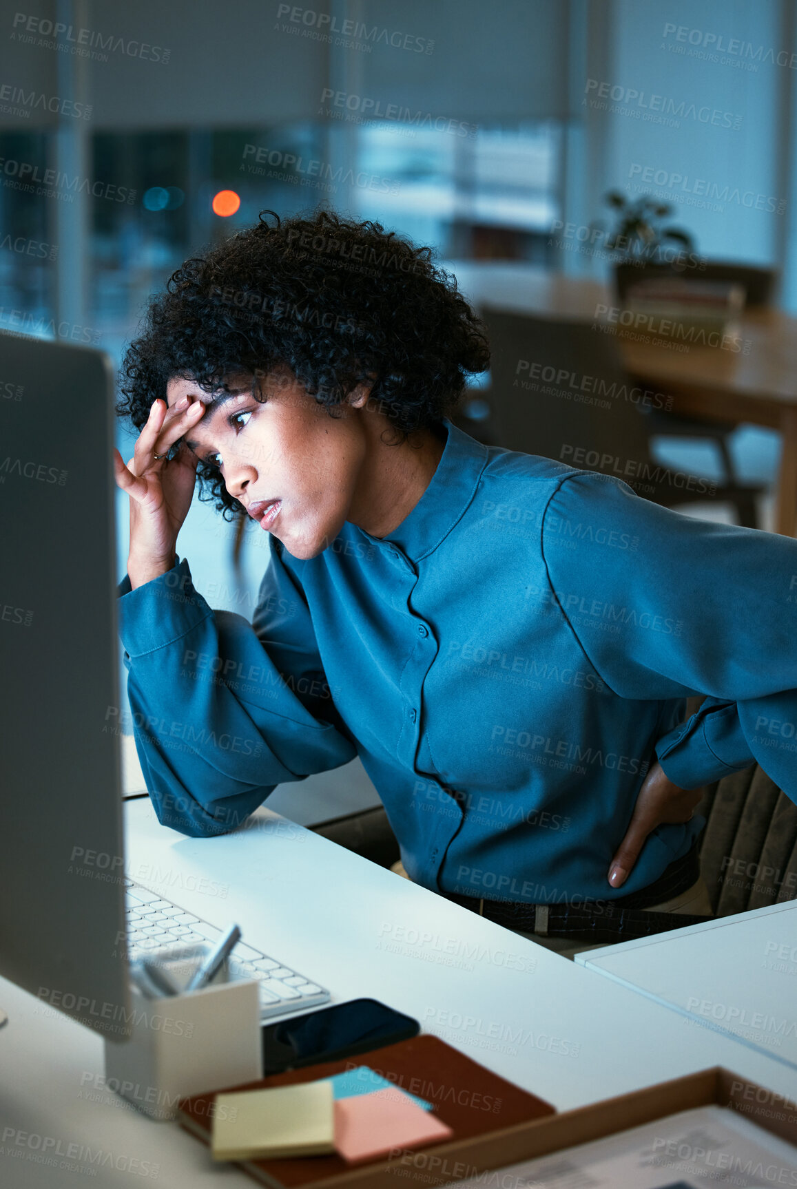 Buy stock photo Back pain, night and business woman with headache tired of overtime, deadline and work pressure with burnout and strain. Corporate, evening and employee with stress working late in a company