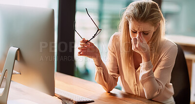 Buy stock photo Computer, headache or stress and business woman at desk in office with deadline pressure. Anxiety, fail or mistake and overwhelmed female employee in corporate workplace with depression or migraine