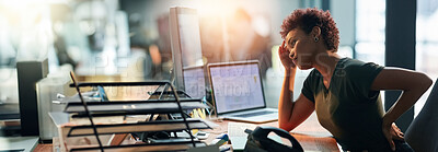 Buy stock photo Business woman, stress and back pain on computer for human resources report, confused or fatigue in office. African worker with headache and overworked on desktop for payroll mistake on a banner