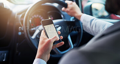 Buy stock photo Driving, car and man with gps on smartphone for travel, support and direction to destination. Male person, transport and digital technology with map for location, information and help on journey