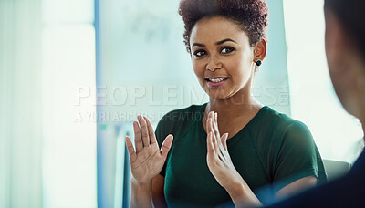 Buy stock photo Office, business meeting and woman with smile for communication, job interview and discussion. Happy, female person and candidate with conversation for recruitment, proposal and onboarding with hr