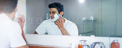 Buy stock photo Shaving cream, mirror and man in bathroom for hygiene, grooming and washing face at home, house and apartment. Male person, gen z guy and reflection of student with foam, banner and skin care routine