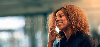 Buy stock photo Happy, business woman and talking in phone call, night and working late, communication and technology. Office, professional and African female person, speaking and smile on face, mobile and network