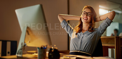 Buy stock photo Woman, employee and relax in office with computer on work break for overtime or deadline at night. Female person, portrait and worker with smile as administrator for administration and arms on head