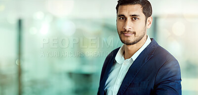 Buy stock photo Portrait, banner and business man in office with bokeh on mockup space at workplace in Saudi Arabia. Face, serious and professional salesman, entrepreneur and worker in suit at corporate company