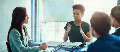Buy stock photo Business people, corporate and woman in a meeting, planning and brainstorming with conversation. Staff, professional or coworkers with ideas or collaboration with teamwork and accountant with project