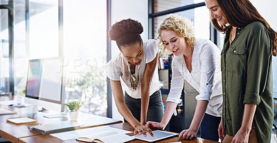 Buy stock photo Woman, coworkers and conversation in office with tablet, research or browse for business strategy in collaboration. Teamwork, online or web design and discussion, project planning and partnership