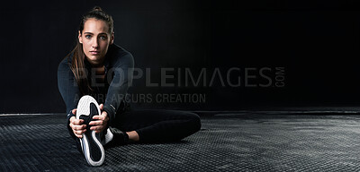 Buy stock photo Portrait, fitness and stretching with sports woman on space for start of health or workout routine. Exercise, floor and warm up with confident young athlete training in studio to improve performance