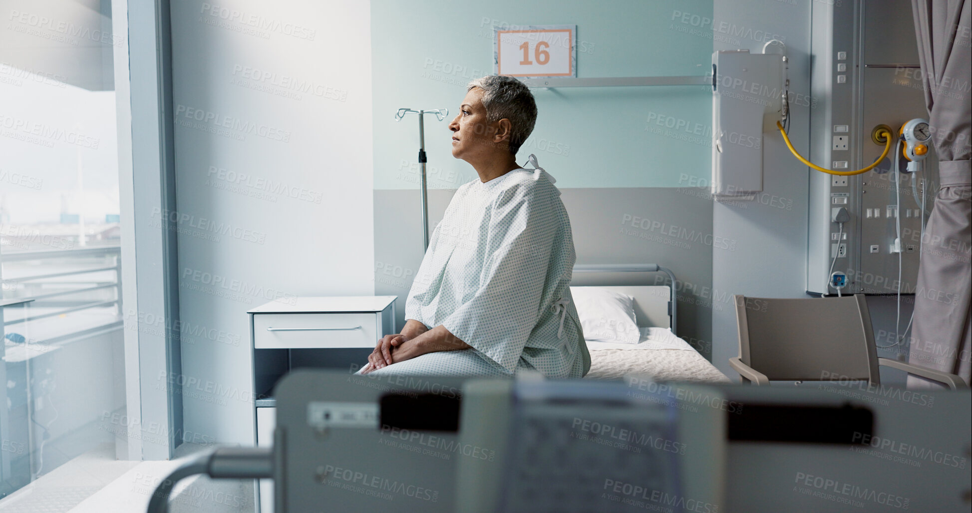 Buy stock photo Sad, patient and thinking in hospital with window and stress, anxiety or fear of cancer, death and insurance. Senior, woman and depression in clinic with lady worried for future or mental health