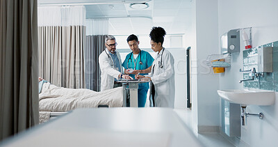 Buy stock photo Healthcare, hospital and a medical team of doctors checking on a patient in recovery or rehabilitation. Medicine, teamwork and consulting with a group of health professionals in a clinic for wellness