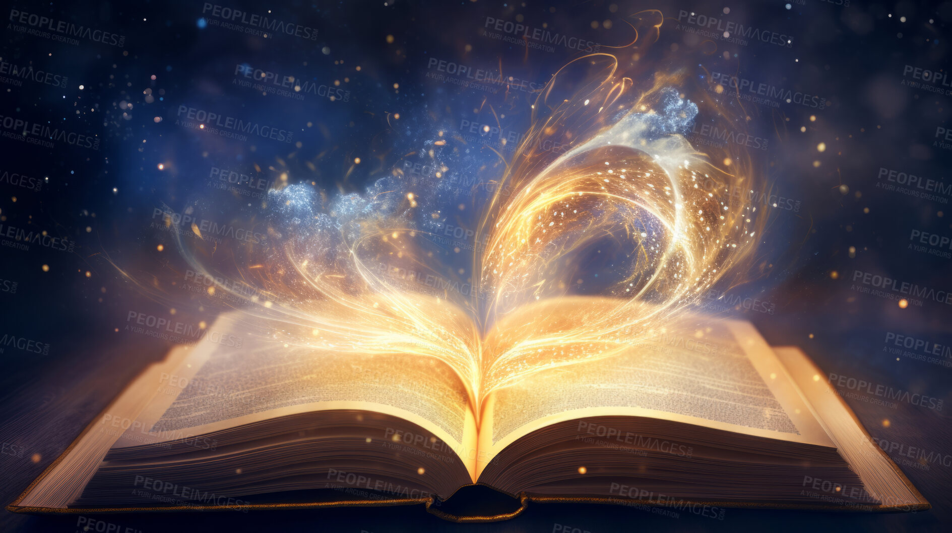 Buy stock photo Education, fantasy and spiritual with book and light on table for fairytale, imagination and night. Glitter, storytelling and story literature on a dark background for learning, development or school