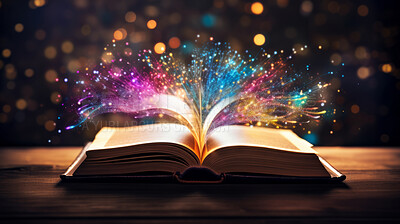 Education, fantasy and spiritual with book and light on table for fairytale, imagination and night. Glitter, storytelling and story literature on a dark background for learning, development or school