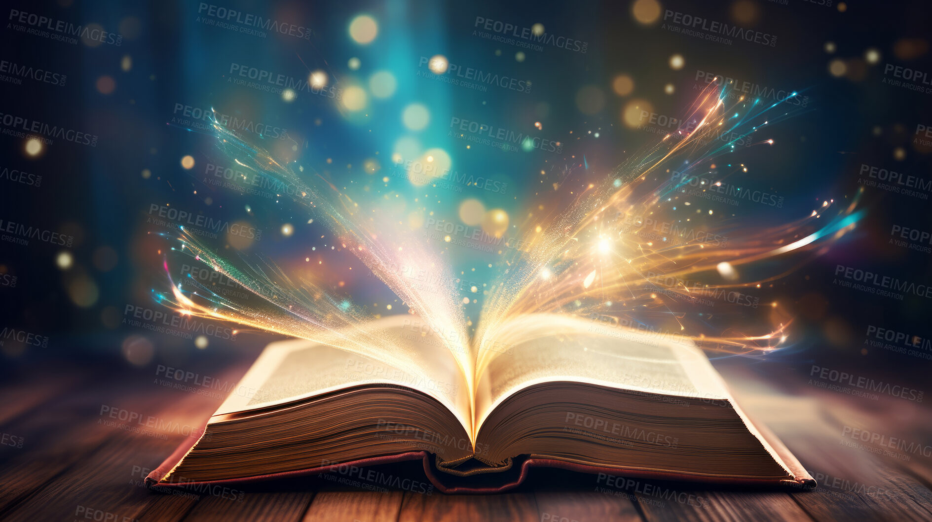 Buy stock photo Education, fantasy and spiritual with book and light on table for fairytale, imagination and night. Glitter, storytelling and story literature on a dark background for learning, development or school