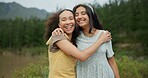 Nature, smile and face of girl friends on a vacation, weekend trip or holiday in a forest. Happy, travel and portrait of excited young women on an outdoor exploring adventure together in summer.