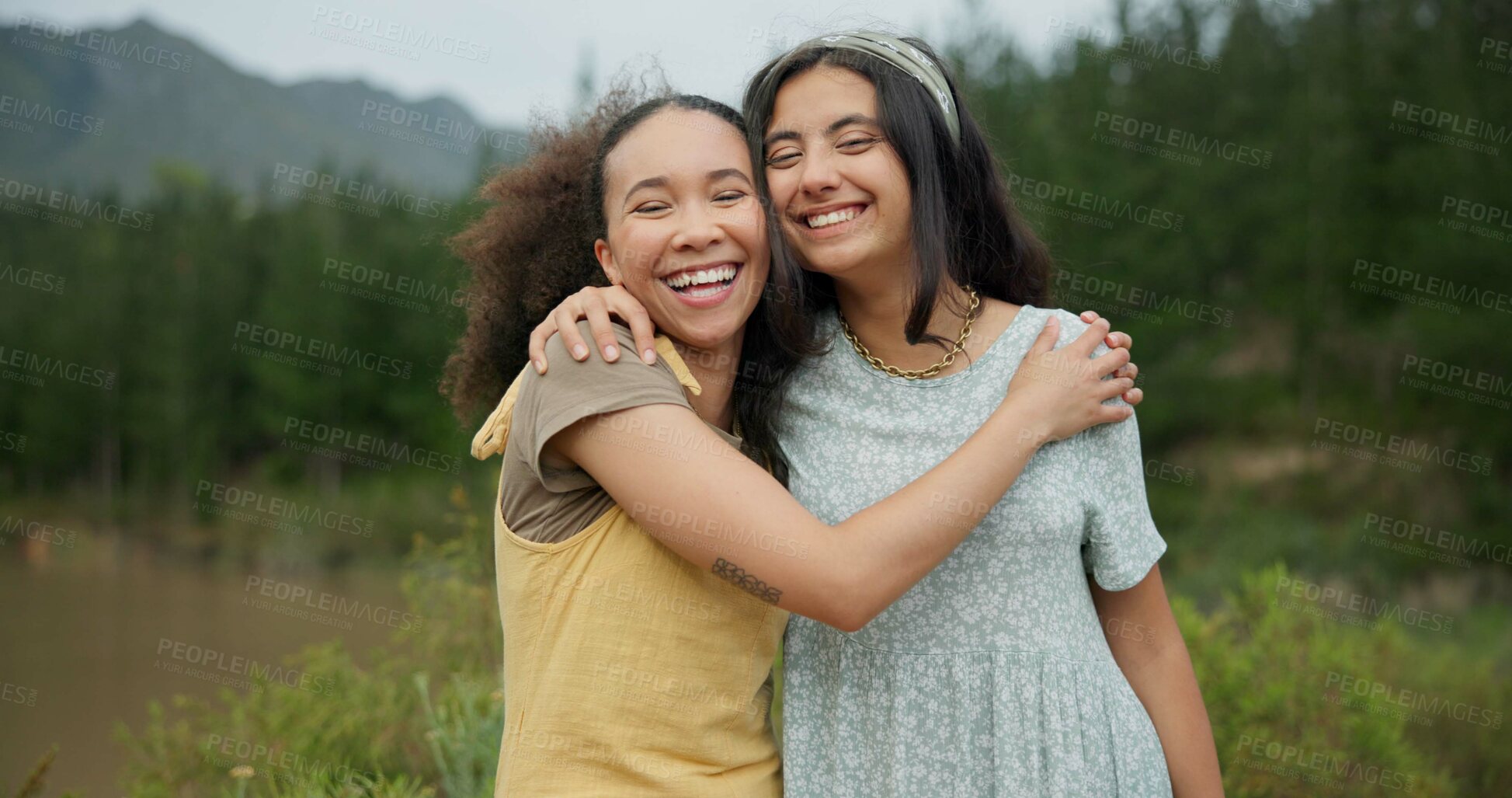 Buy stock photo Nature, smile and face of girl friends on a vacation, weekend trip or holiday in a forest. Happy, travel and portrait of excited young women on an outdoor exploring adventure together in summer.
