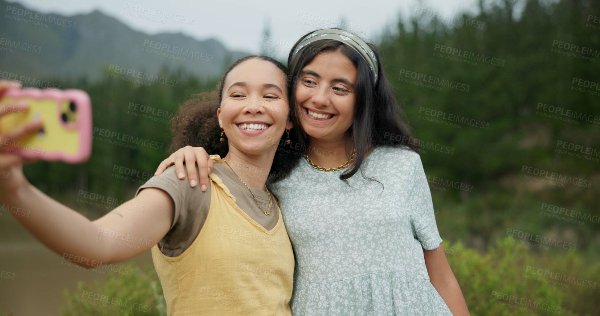 Buy stock photo Hiking women friends, selfie and nature with smile, tongue and peace sign for adventure blog in summer. Girl, live stream or profile picture for memory, fitness and trekking in bush on social network