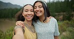 Nature, selfie and face of girl friends on a vacation, weekend trip or holiday in a forest. Happy, travel and portrait of excited young women in outdoor adventure for picture photography together.