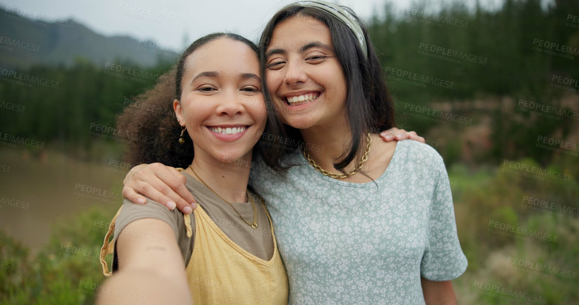 Buy stock photo Nature, selfie and face of girl friends on a vacation, weekend trip or holiday in a forest. Happy, travel and portrait of excited young women in outdoor adventure for picture photography together.