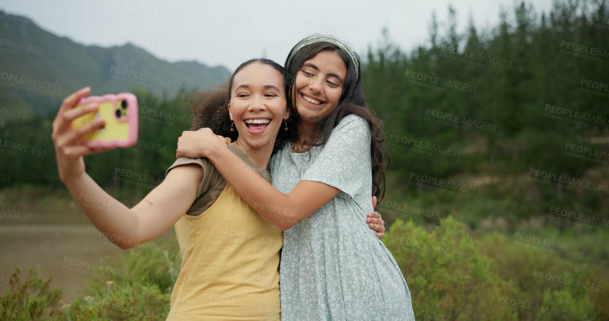 Buy stock photo Hiking women friends, selfie and excited with smile, tongue or peace sign for adventure blog in summer. Girl, live stream or profile picture for memory, fitness and trekking in bush on social network