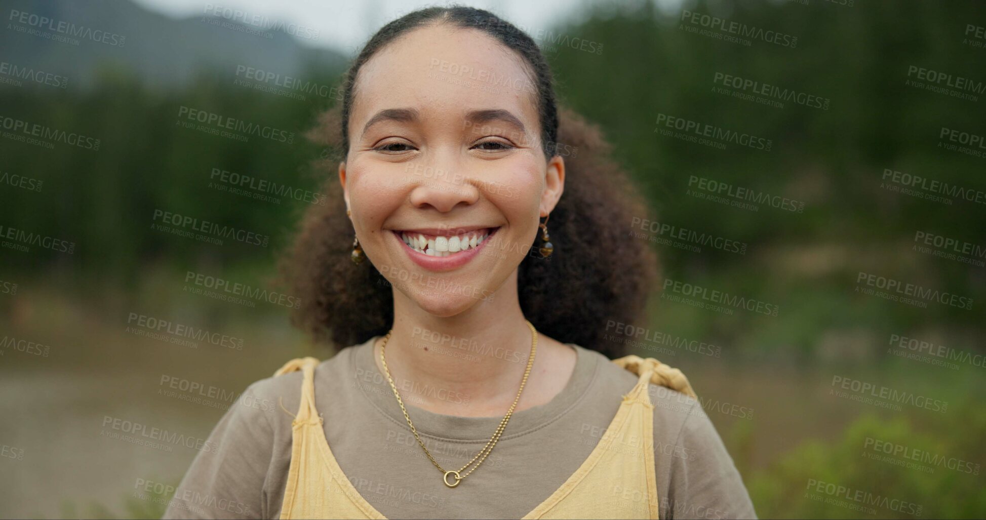Buy stock photo Nature, smile and face of young woman on a vacation, weekend trip or adventure in a forest. Happy, travel and portrait of African female person with positive and good attitude for outdoor adventure.