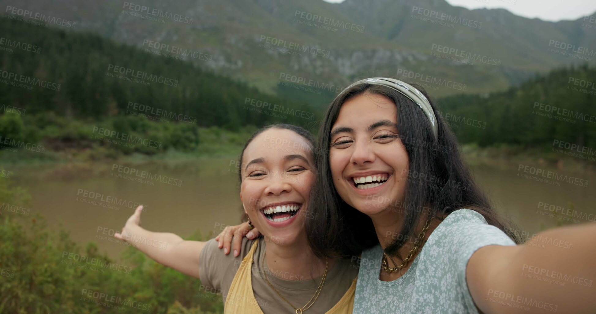 Buy stock photo Happy woman, friends and selfie in nature for social media, picture or vlog with natural scenery. Female person or people smile in photograph, capture or moment together on outdoor adventure in woods