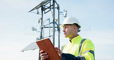 Man, tablet and engineer for inspection, research or alternative energy in solar panel maintenance on rooftop. Male person, contractor or technician on technology for photovoltaic checklist in city