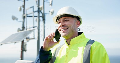 Happy man, phone call and engineer in conversation for solar panel maintenance or inspection on rooftop. Person, contractor or technician smile on mobile smartphone in discussion for communication